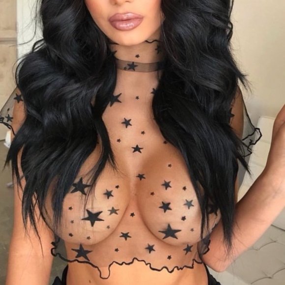 Black glow rave sheer mesh crop top shirt festival - Picture 3 of 4